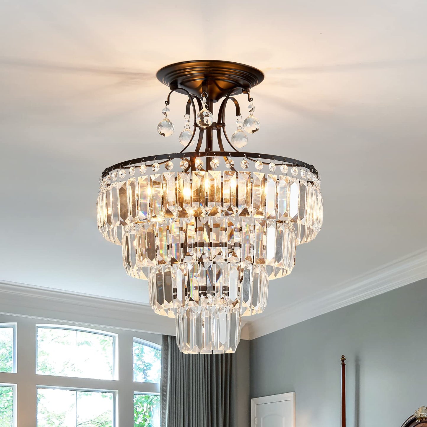 CVKASH 5-Lights Crystal Chandelier Semi Flush Mount Ceiling Light 15.2 Inch Black Model X5 for Living Room, Dining Room, Bedroom