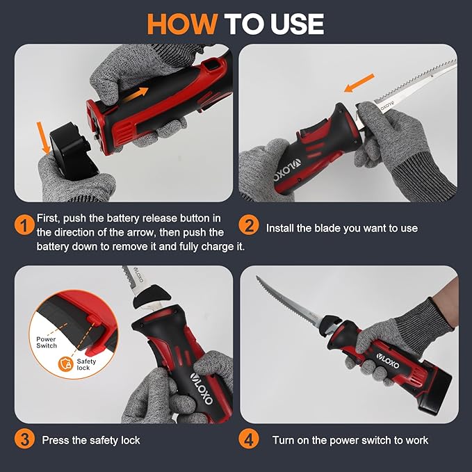 VLOXO Electric Fillet Knife, Cordless Fillet Knife with 4 Stainless Steel Blades Safety Lock Non-Slip Grip Handle Storage Case Rechargeable Electric Knives for Filleting, Meat, Bread, Turkey
