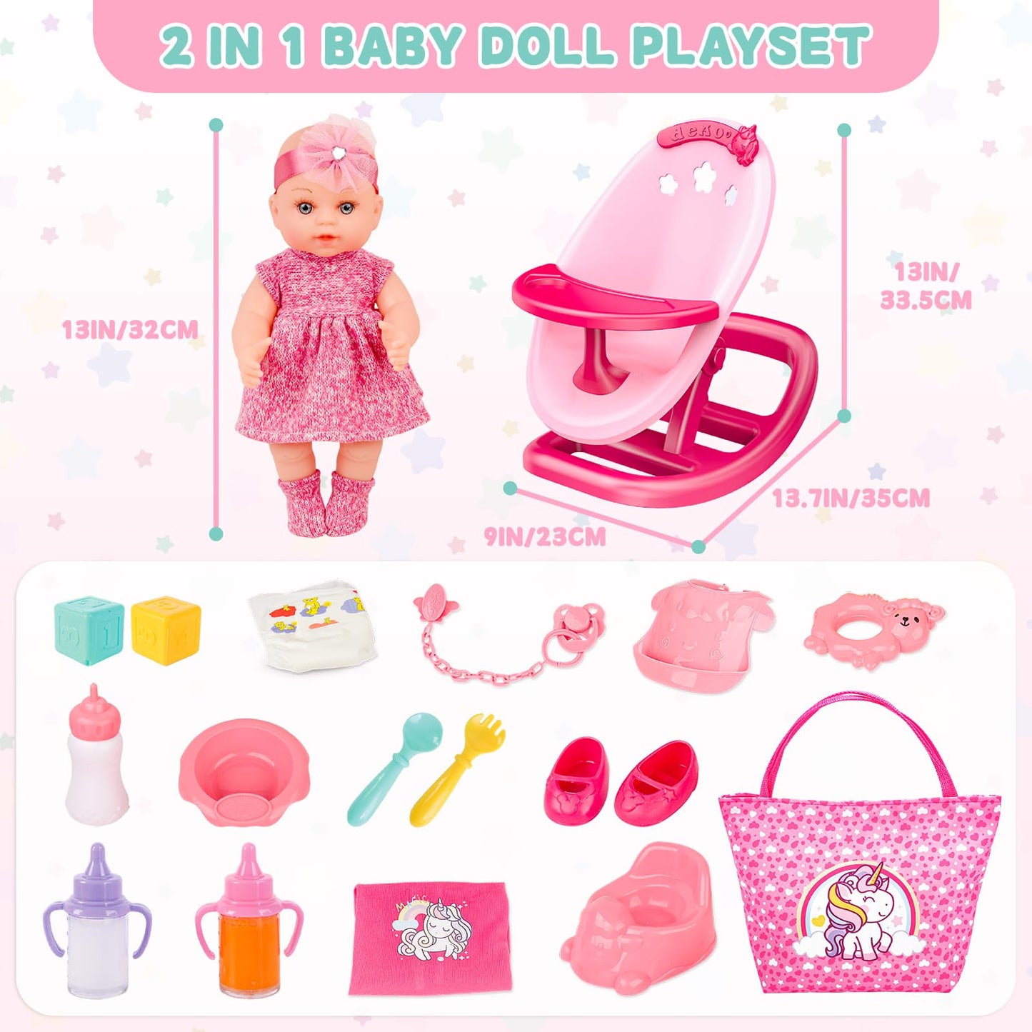 deAO Baby Doll Playset Baby Doll Crib Bed Set Adjustable 2 in 1 Baby High Chair and Rocking Bed, Baby Doll Accessories with 13 Inch Dolls, Feeding Pretend Play Toy Gift for Toddler 3+ Years Old