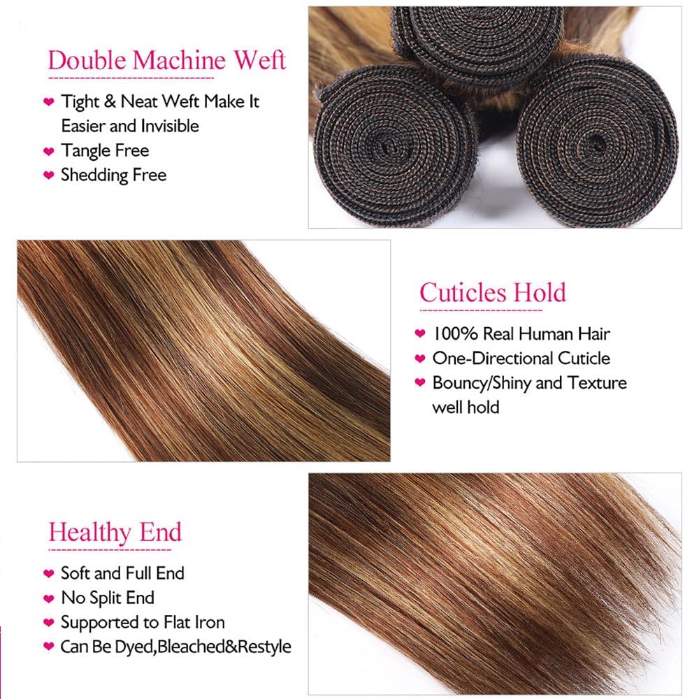 Lagalaga Bundles Human Hair 24 26 28 Inch Straight Wave Highlight Gold Brown P4/27 Human Hair Bundles Unprocessed Brazilian Virg