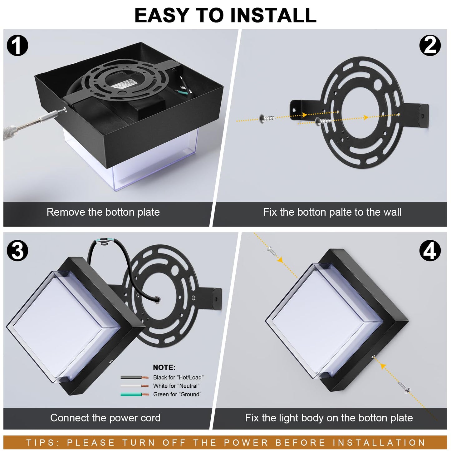 Tomourd Exterior Wall Lights  Modern Waterproof Outdoor Wall Mount Lighting  Black Square Small Led Porch Light With Anti-Rust 6000K Daylight 12W For Garage  Entryway House