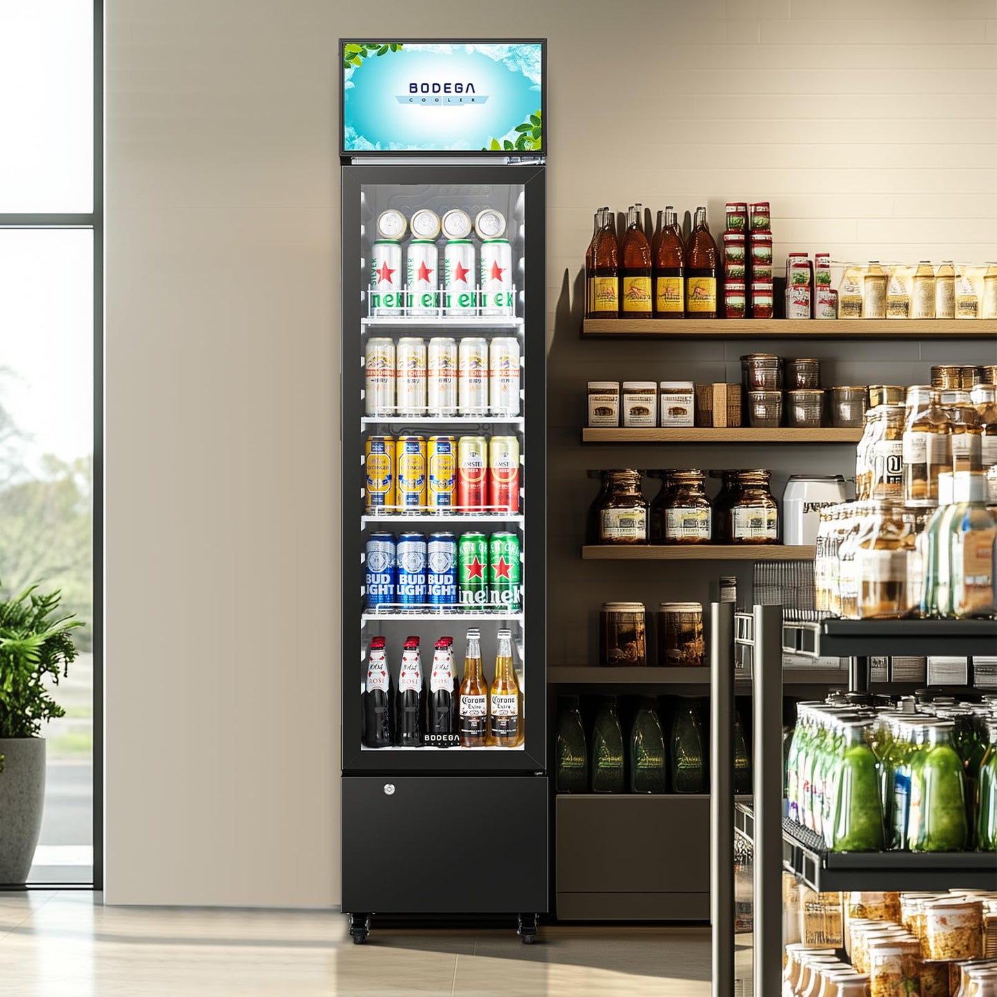 BODEGACOOLER Commercial Refrigerators, Drink Fridge with Glass Door, Tall Beverage Cooler, Single Door Display Refrigerator, for Beer, Soda, 7.71 Cu.ft Capacity