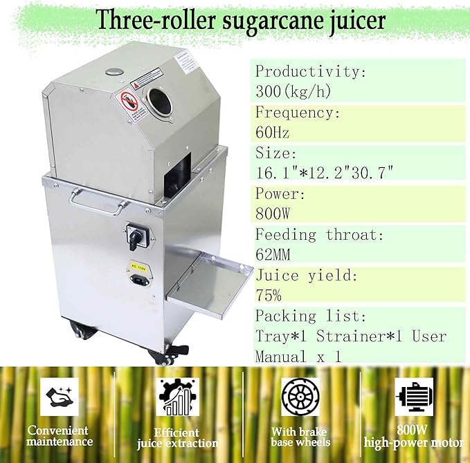 110V Manual/electric 2-mode Sugarcane Juice with 3 Rollers, High Juice Yield, 300KG/H Sugarcane Crushing Capacity, 800W Suger Cane Squeezing Juicer, Stainless Steel