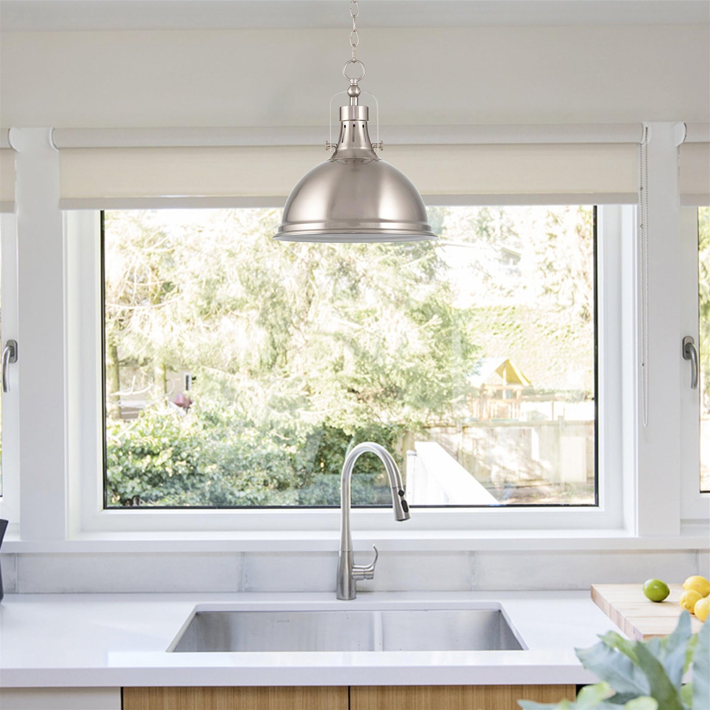 Kira Home Belle Pendant Light, 14in Adjustable Height, Brushed Nickel, Metal, Model RVY-CP6344-1-BN