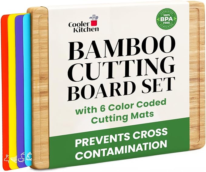 Cooler Kitchen Wooden Cutting Boards for Kitchen with 6 Flexible Plastic Mats - Meal Prep and Serving, Easy Clean Bamboo Cutting Board and Dishwasher Safe Plastic - Large Wood Cutting Board Set