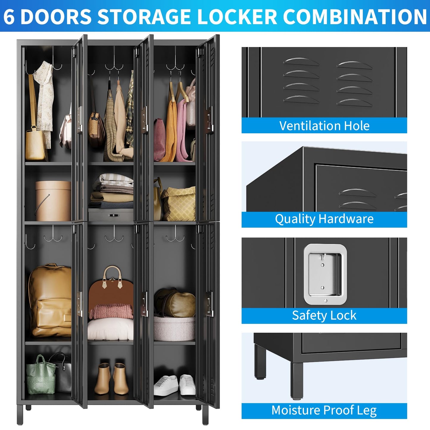 Heavy Duty Metal Storage Locker Cabinet – 6 Lockable Doors, Hooks, Shelf, Ventilated Design – Tall Steel Office Organizer for School, Gym, Garage – Secure Storage Rack, Black