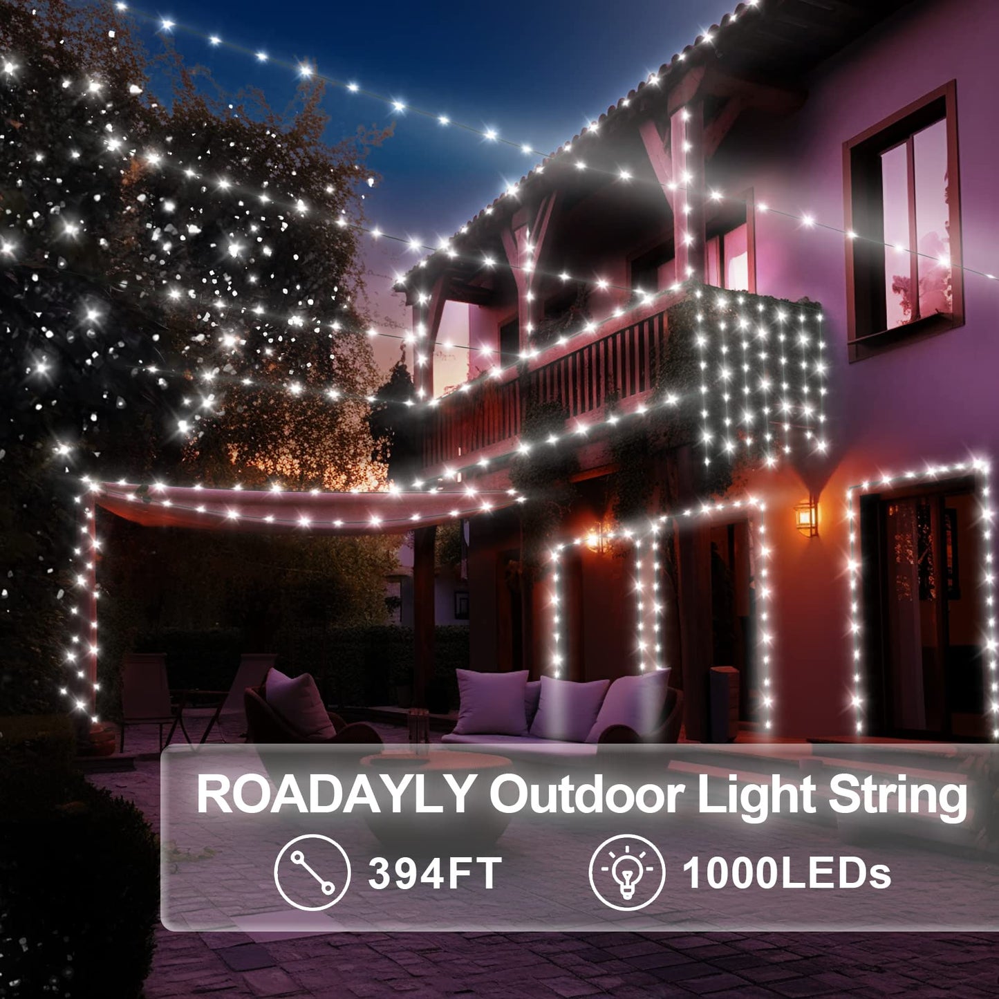 ROADAYLY Christmas String Lights 1000 LED 328 Ft Waterproof Cool White Fairy Lights with Remote Timer 8 Modes for Indoor/Outdoor