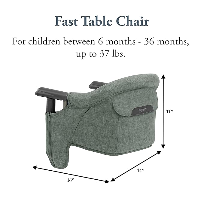 Inglesina Fast Table Chair, Pine Green Melange - Portable Baby High Chair - for Babies & Toddlers up to 37 lbs - Fits Tables 0.8'' to 3.5'' Thick - Compact & Easy to Use - Travel Bag Included