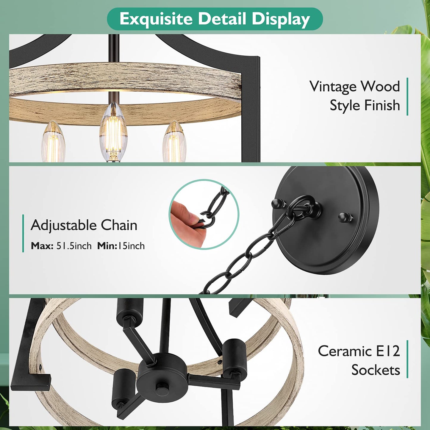 Beslowe 3-Light Rustic Farmhouse Pendant Light, Adjustable Height 68In, Black Metal Chandelier With White Birch Wood Finish