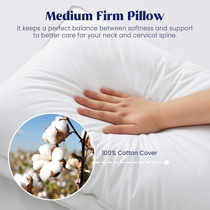 puredown® Feather Pillows with 100% Cotton Cover, Set of 2 Gusseted Bed Pillows with Silver Piping for Sleeping, Queen Size