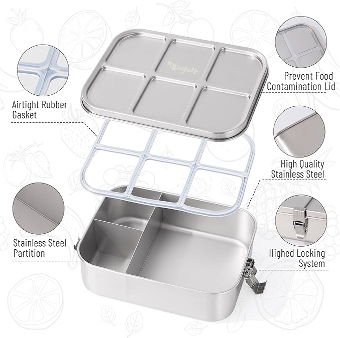 Bento Box for Kids, 1.5L/50oz Stainless Steel Snack Containers with 3 Compartments, Lockable Clip Kids Lunch Box, Eco-Friendly, Leak-proof, Dishwasher-Safe for Home, School, Travel