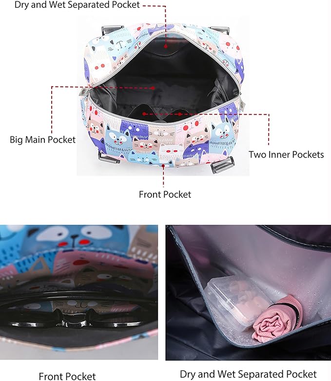 Travel Duffle Bag Weekender Overnight Gym Tote with Dry and Wet Separated Pocket for Women Girls Shoulder Bag Workout Water Resistant (cute dinosaurs)