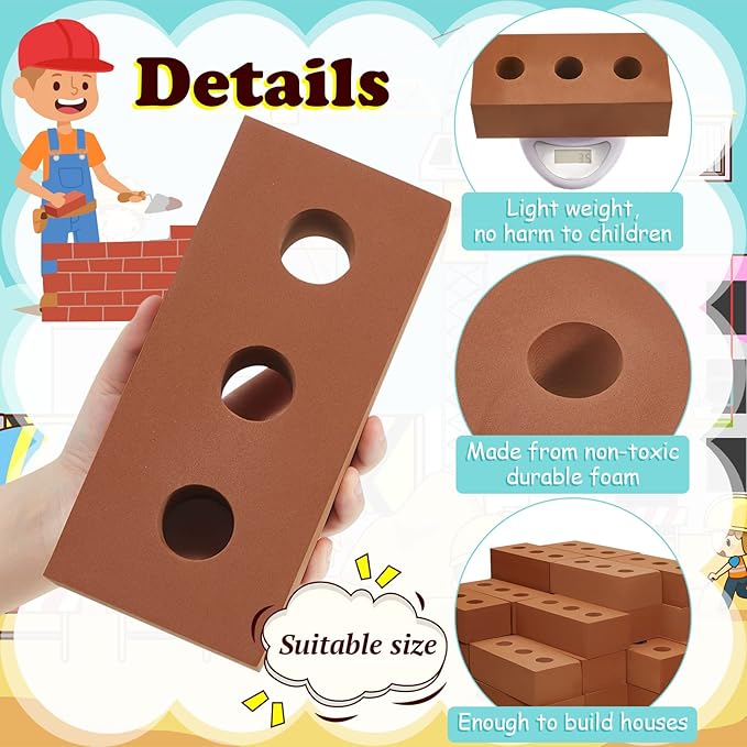 Deekin 80 Pcs Foam Brick Building Blocks for Kids Thick Blocks Foam Large Fake Brick Construction Toy for Stacking Construction, 8 x 4 x 2.4 in (Circle Holes)