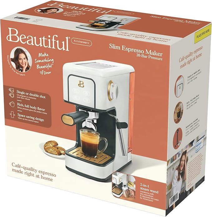 Beautiful 20-Bar Slim Espresso Machine | Single & Double Shot Programmable Brewing, Compact 4.7-in Width, Stainless Cup Warmer, Auto Shut-Off, 50 oz Tank