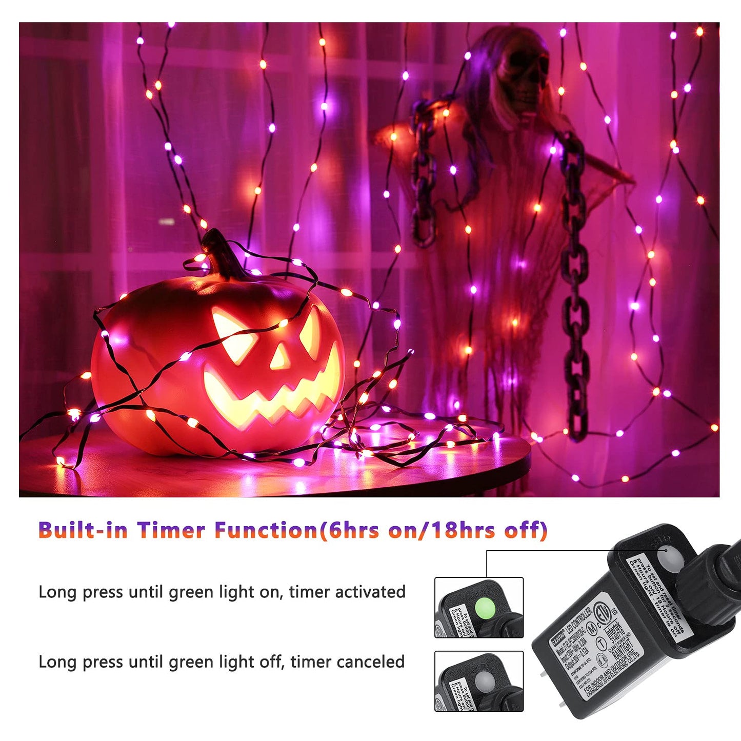 Brizled Orange & Purple Halloween String Lights - 72Ft 200 Led Outdoor Connectable  8 Modes  Indoor Tree Black Wire For Party Haunted House Decor