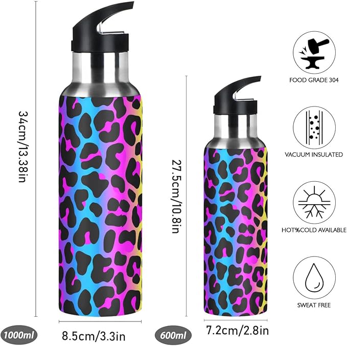 senya 34 Oz Water Bottle with Straw Leopard Print Cheetah Neon Gradient Stainless Steel Water Bottle for Traveling Sports Leakproof Insulated Water Bottle