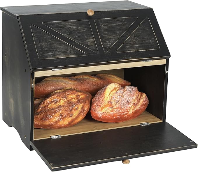 HOMEKOKO Double Layer Large Bread Box for Kitchen Counter, Wooden Large Capacity Bread Storage Bin (Rustic Black)