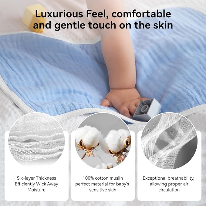 Synrroe Burp Cloths Large, Muslin Burp Cloths for Baby Girls and Boys, Pack of 10 Extra Absorbent and Soft Muslin, 6 Layers 20 by 10 Inches 100% Cotton (Blue Sets 10 Pack)