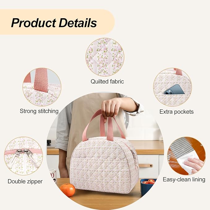 Lunch Box for Women,Cute Quilted Lunch Tote Bag,Reusable Insulated Lunch Box,Large Capacity Cooler Bag with Compartments for Work, Picnics or Travelling