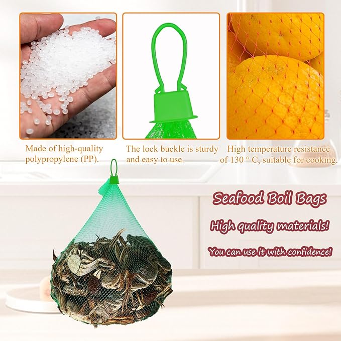 Limso 100 PCS Seafood Boiling Bags, 24 Inch Seafood Bag Onion Bag Mesh Nylon Netting, Reusable Mesh Produce Bags, With 100 Pcs Loop-Style Closures (Green)