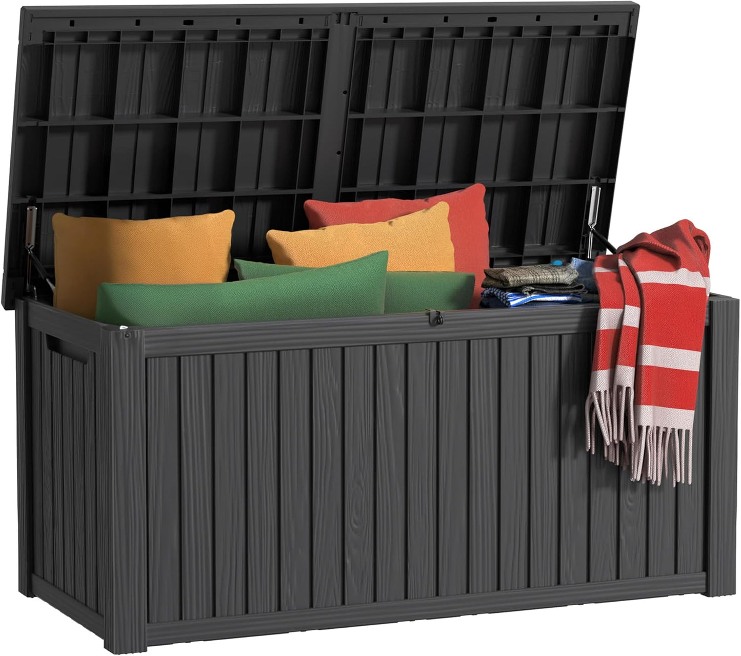 180 Gallon Outdoor Storage Box Waterproof, UV Resistant Resin Deck Box with Hydraulic Rod, Reinforced Stability for Patio, Garden, and Pool, Striped Black