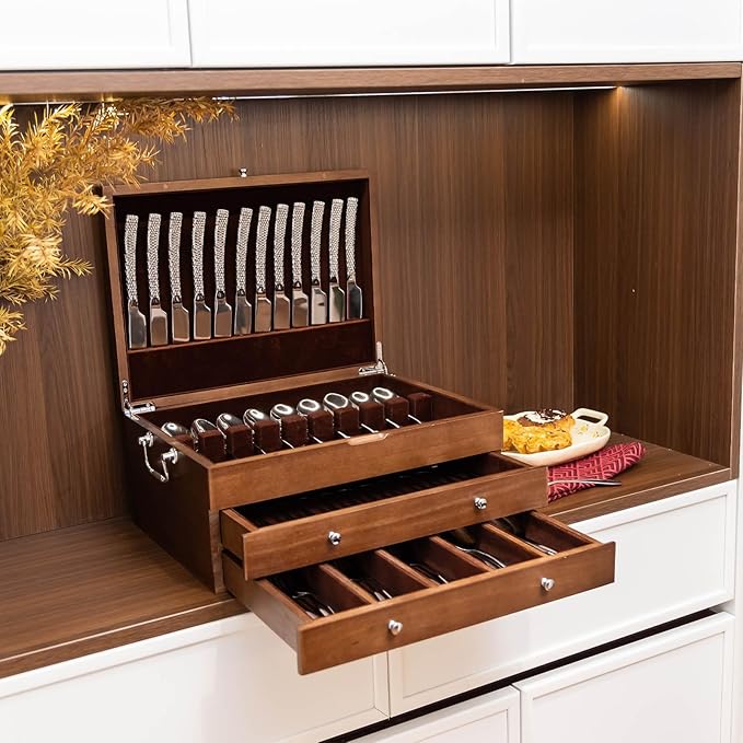 Silverware Storage Box with Lid Three-layer, Flatware Storage Case with Handle, Silverware Chest Boxes for Flatware Organizer for Silver