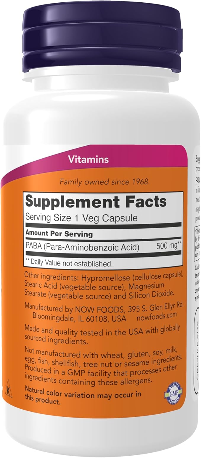 NOW Supplements, PABA (para-Aminobenzoic Acid) 500 mg, B-Complex Family, 100 Capsules (Pack of 2)