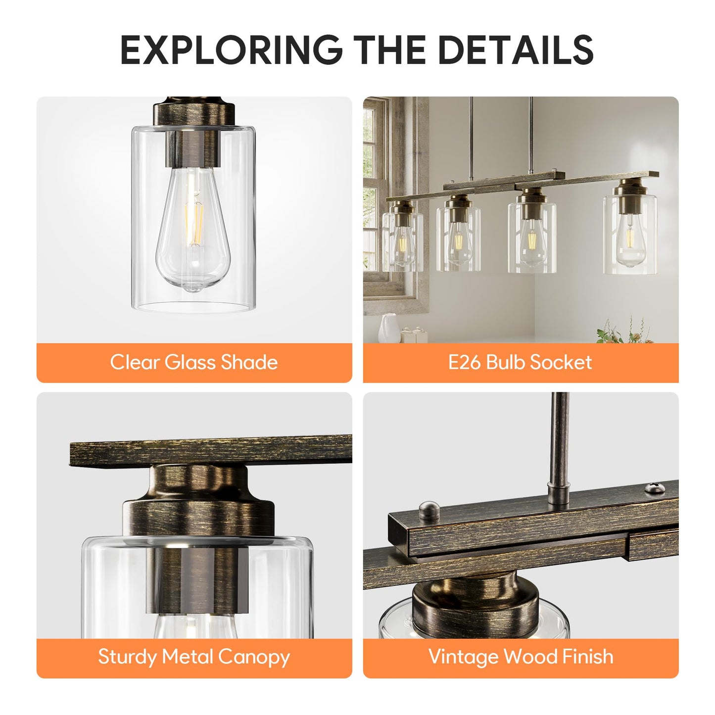 Vonluce Kitchen Island Lighting  4-Light Dining Room Light Fixture Over Table With Glass Shade And Adjustable Rods  Farmhouse Linear Chandelier For Kitchen Living Room  Antique Black  Etl Certificated