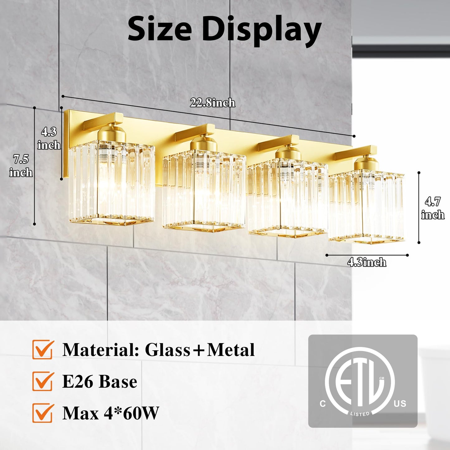 Bathroom Vanity Light Fixtures Over Mirror 4 Crystal Lights - Makeup Lighting Pure Gold - For Modern Wall  Bath  Desk  Farmhouse  Hallway