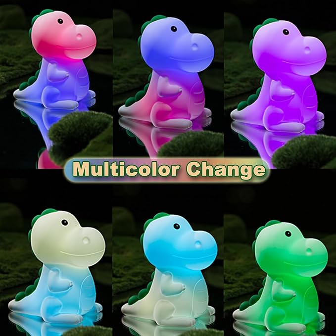 Dinosaur Night Light Adults Kids,LED Dimmable Animal Silicone Sleep Night Lamp,Rechargeable Bedside Table Lamp with Touch Sensor 7 Colors,Gifts Decor for Bedrooms,Living Room,Boys Girls