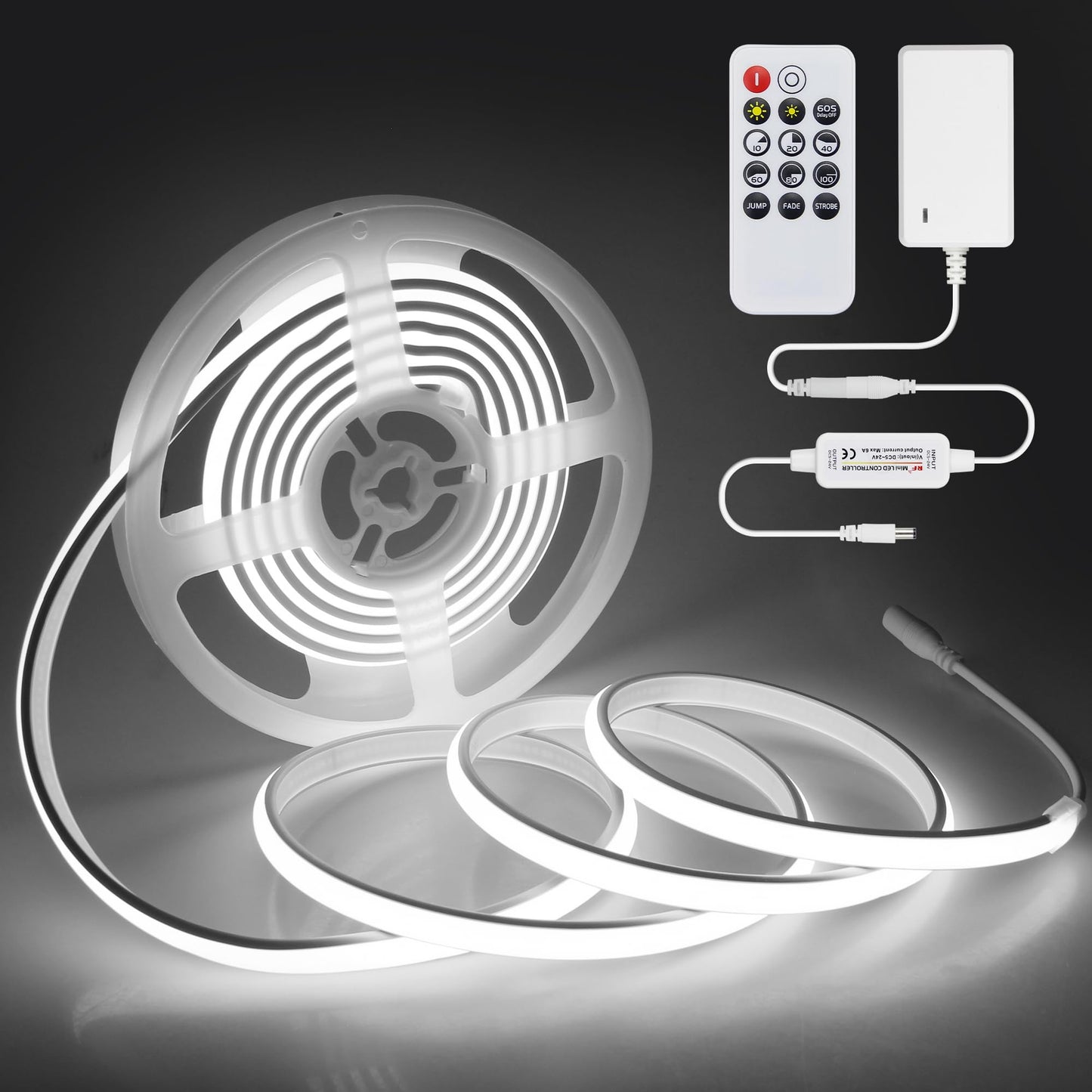 Samsion 10FT COB LED Rope Lights with Dimmer 24V Outdoor LED Strip Lights Waterproof Daylight White 6000K Ultra Bright 320LEDs/M Flexible LED Light Strip for Indoor Cabinet 3M (Includes Adapter)