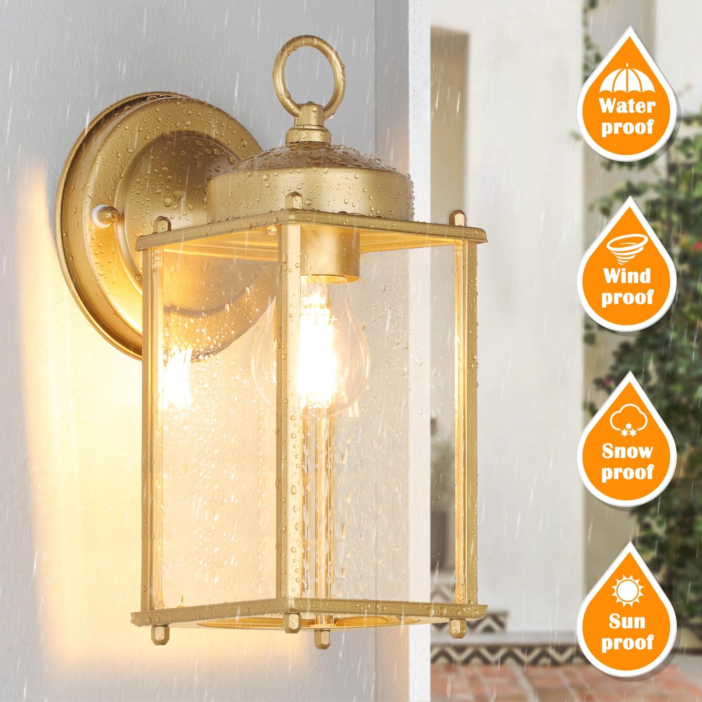 MATAMEYE Large Outdoor Wall Lantern, Waterproof Gold Sconce Light, Clear Beveled Glass, Iron, 10.24 inch, Model GS8648-XL, 2 Pack