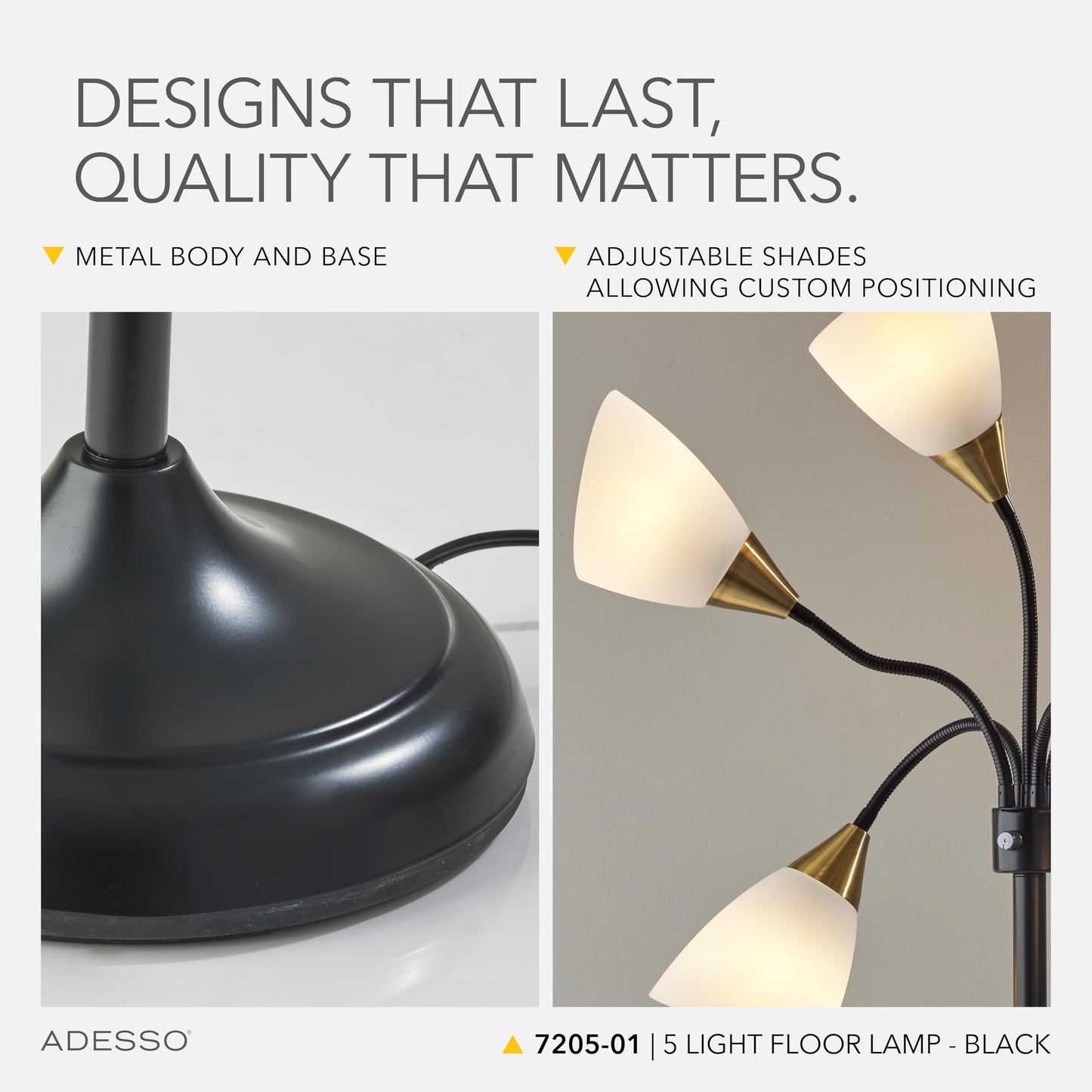 Adesso Floor Lamp With 5 Movable Shades, Adjustable Brightness, Black, Model 7205-22, Ideal For Bedroom Decor & Art Studios