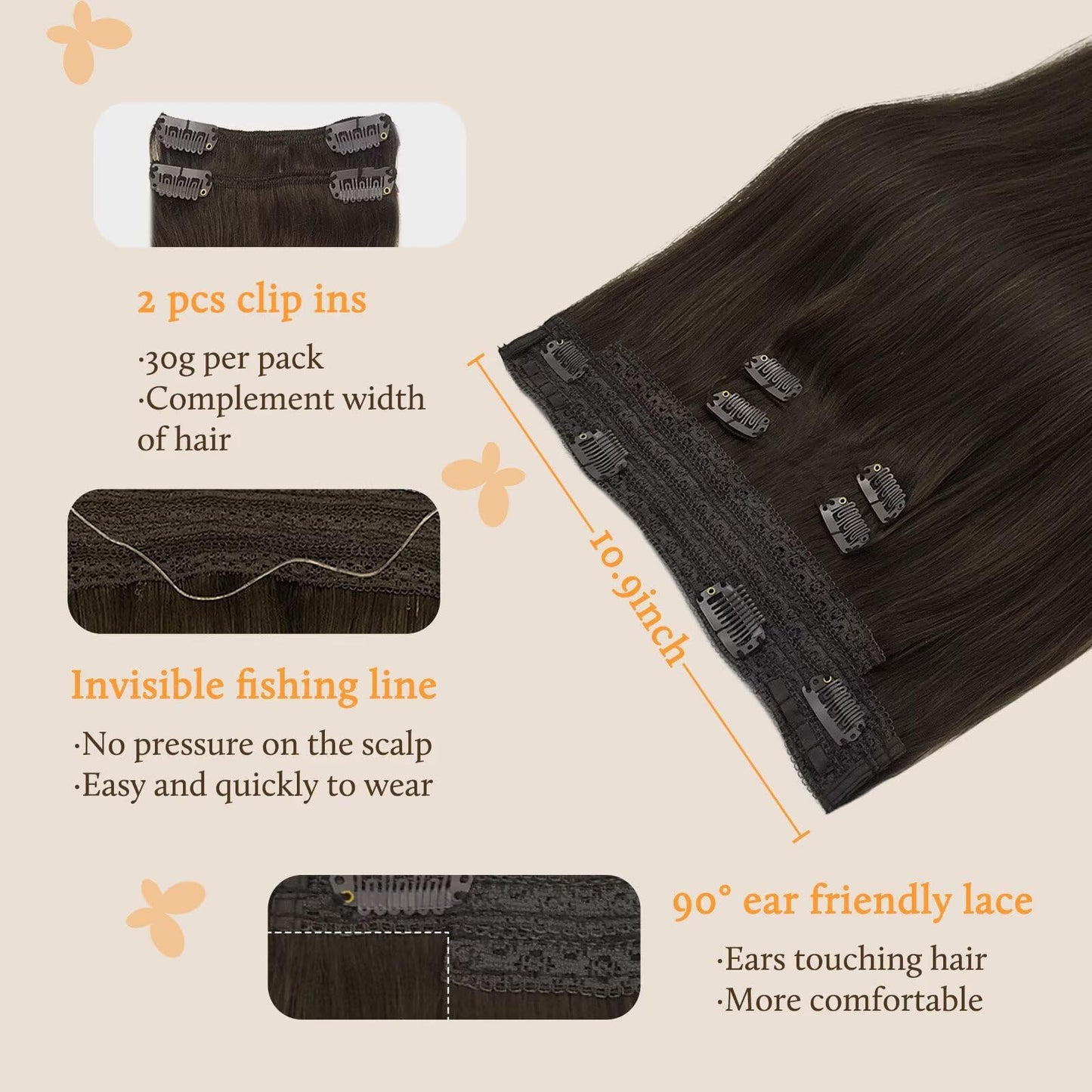 DOORES Wire Hair Extensions, Light Dark Brown 22 Inch 120g Fish Line Weft Extensions and 2pcs 30g Clip ins, 150g Invisible Wire