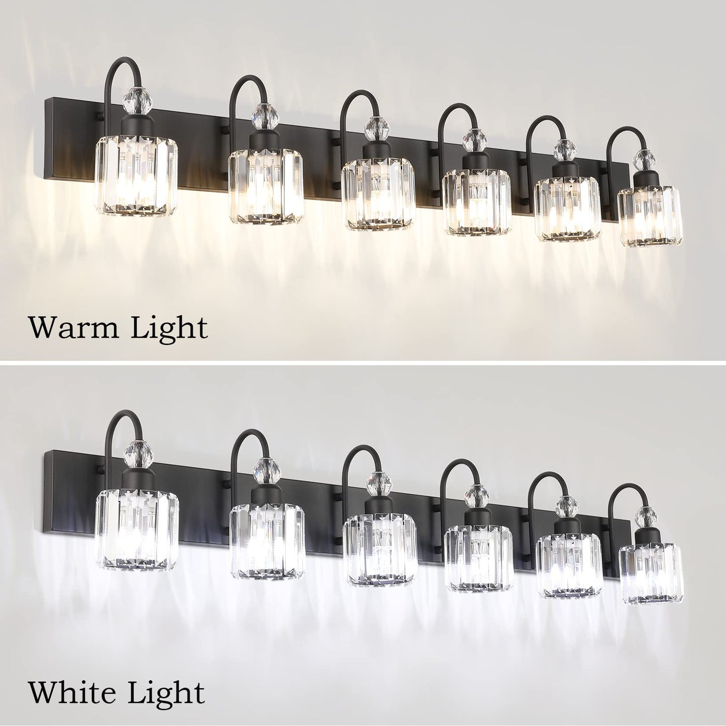 Ralbay 6-Light Crystal Vanity Lights, Matte Black, Metal, Model 8600, Modern Bathroom Wall Fixture