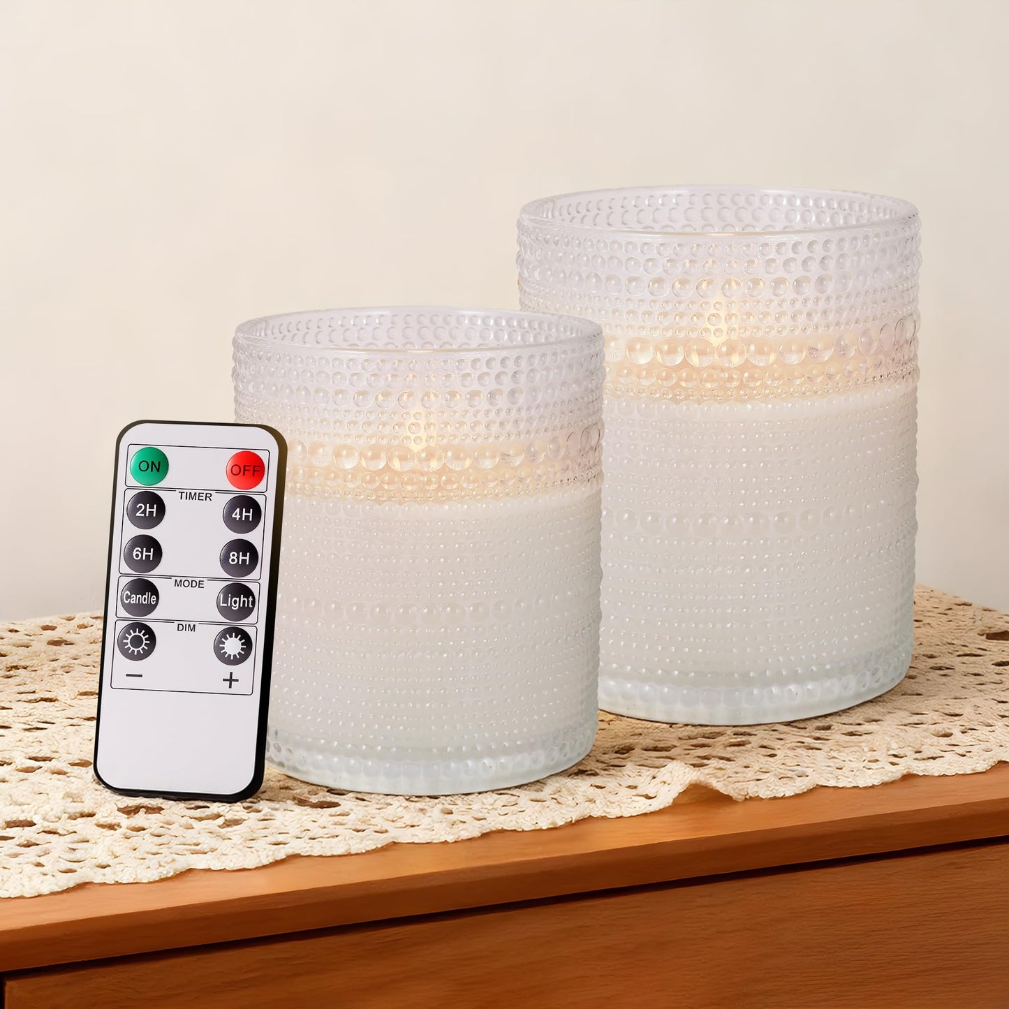 Velsyn Dotted Glass Flameless Candles with Remote Timer, Real Wax Battery Operated LED Pillar Candles with 3D Flickering Flame for Festival Wedding Home Party Decor, 3" x 4", 4" x 5", Set of 2 (White)