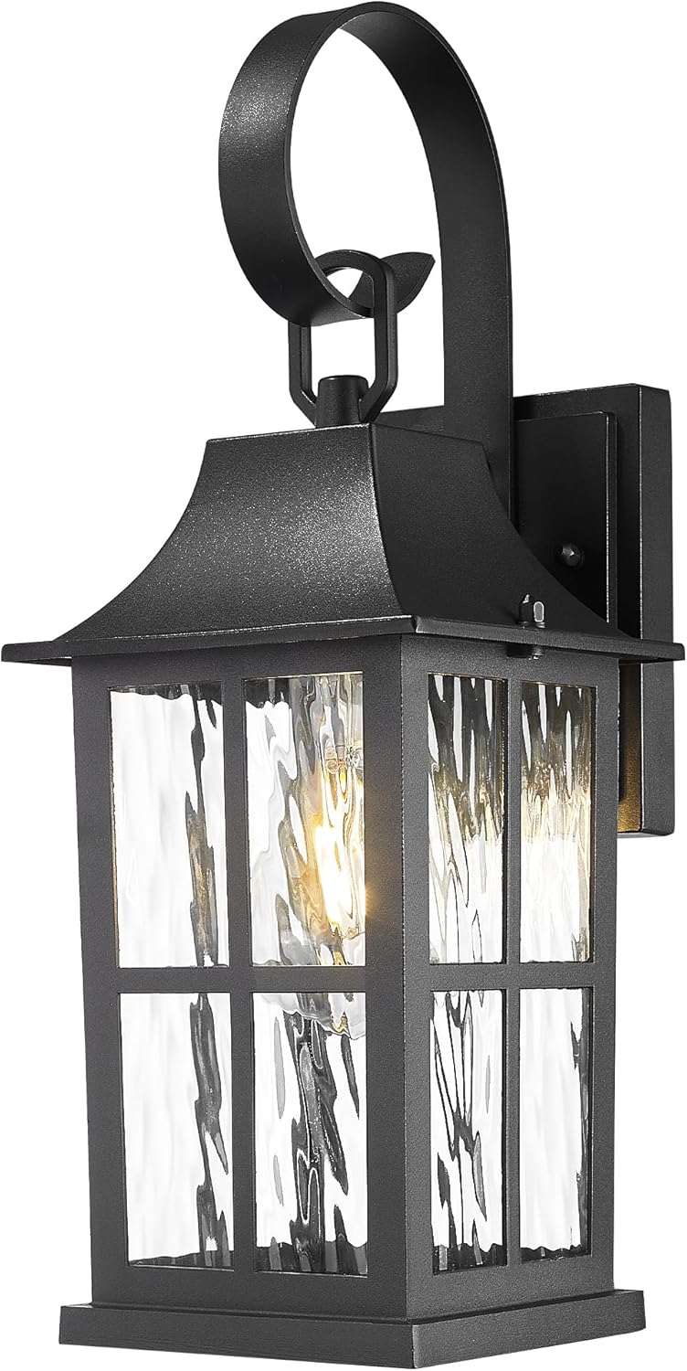 Emliviar Vintage Front Door Light Fixture Outside, Black 15.4 Inch Outdoor House Light Wall Mount with Water Ripple Glass for Yard, YXE306B BK-SW