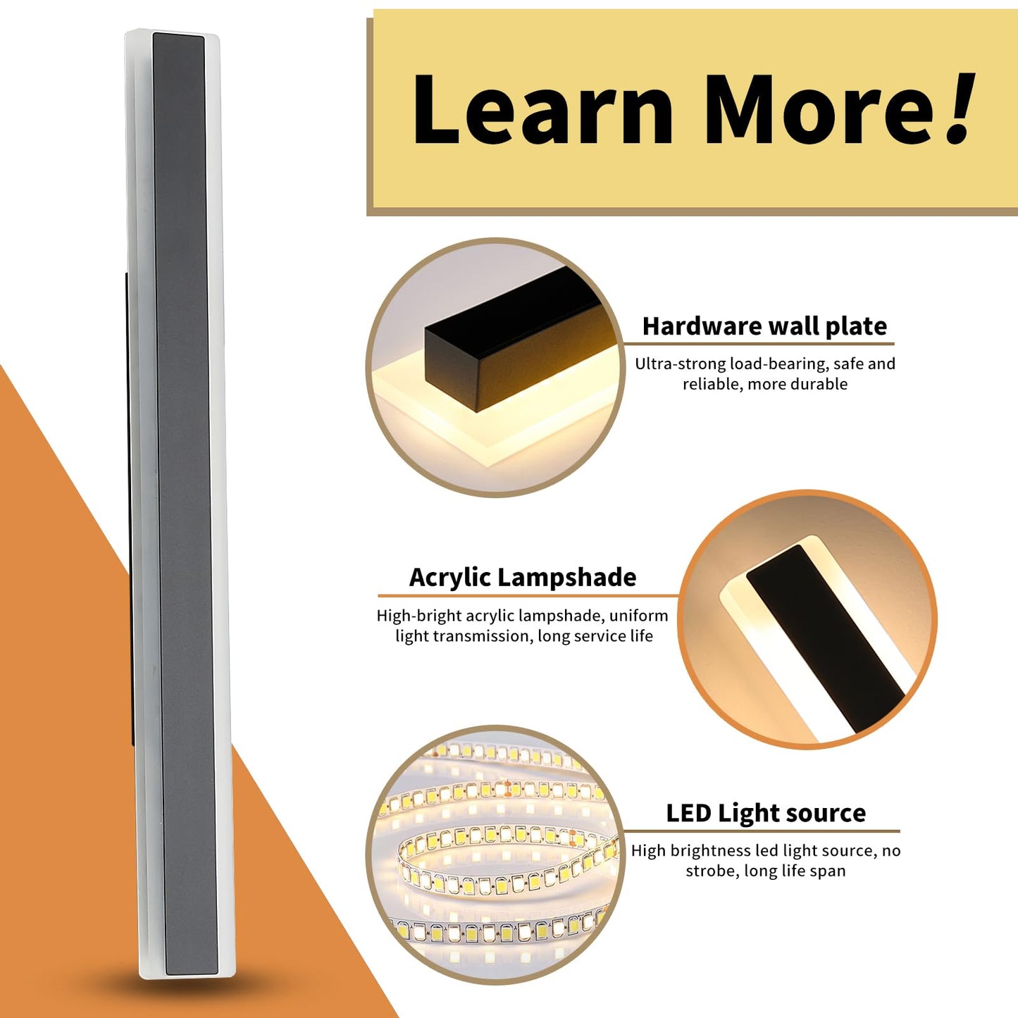 Daoseolo 47-inch Outdoor Wall Sconces, Dimmable 3000K-6000K, IP65 Waterproof, Iron, Model TC-FTBD-1112