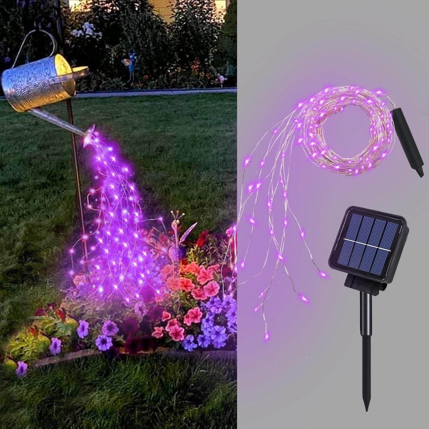 Solar Waterfall Fairy Bunch Lights Outdoor Waterproof 200Leds 8 Modes Watering Can Light  Purple Solar Powered String Lights Firefly Vine Christmas Tree Garden Decorations Gardening Gifts For Mom