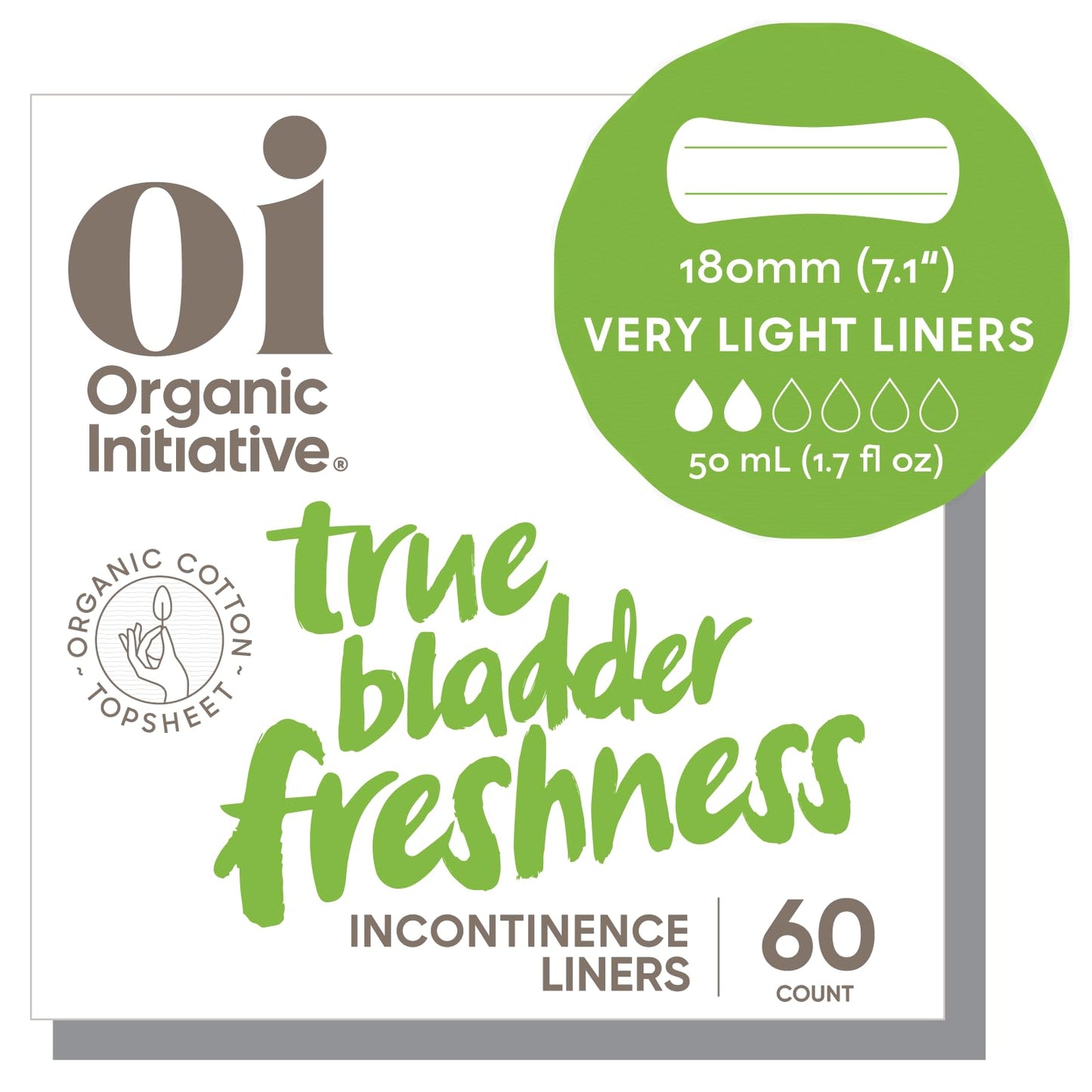 Oi | Organic Initiative Incontinence Liner, Organic Cotton Topsheet, Very Light Bladder Leakage, Breathable and Hypoallergenic, Very Light absorbs up to 1.7 floz (7.1") 60 Liners