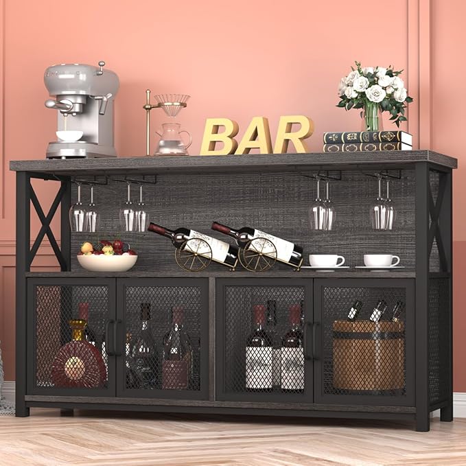LVB Wine Bar Cabinet, Industrial Coffee Bar Cabinet for Liquor and Glasses, Modern Sideboard Buffet with Storage Rack, Rustic Liquor Home Bar for Kitchen Dining Living Room, Dark Gray Oak, 47 Inch