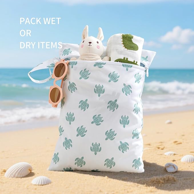 2Pcs Baby Wet Dry Bags for Cloth Diaper,Waterproof Reusable Travel Bags, Beach, Pool, Gym Bag for Swimsuits, Beach Vacation Essentials (Coconut Tree and Turtle)