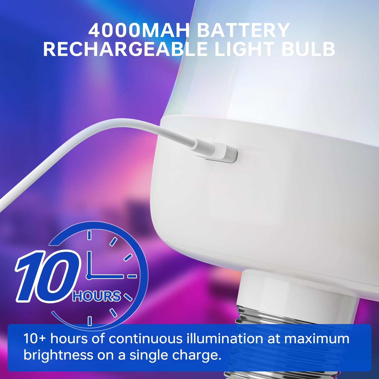 KINDEEP Rechargeable LED Night Bulb, E26 Wireless, 4000mAh, 400LM, Remote Control, 3 Color Temperatures, 12 RGB Colors, White,