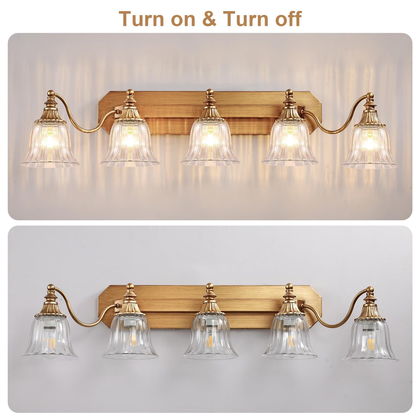 Dvmteom Gold Vintage Bathroom Light Fixtures  5-Lights Bathroom Vanity Light  Antique Brushed Gold Lighting Fixtures Over Mirror With Crystal Glass Shade  Wall Sconce Lighting
