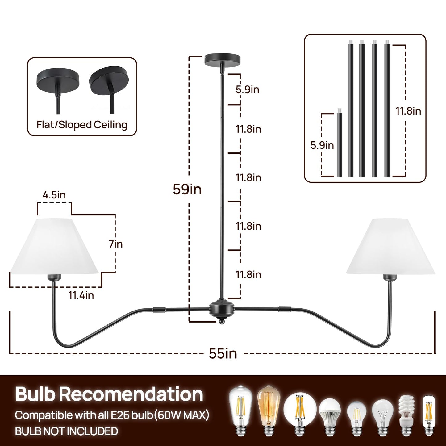 Jsdorsy 2-Light Modern Linear Chandelier For Dining Room  55 Inch Farmhouse Kitchen Island Lighting With White Fabric Shades  Hanging Lighting Fixtures For Living Room Bedroom