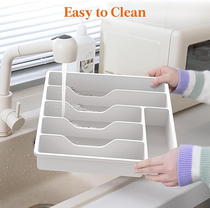 Lifewit Silverware Organizer with Lid, Covered Utensil Tray for Kitchen Drawer and Countertop, Plastic Cutlery and Flatware Storage Box for Spoons Forks Knives Holder Case, 6 Compartments, White