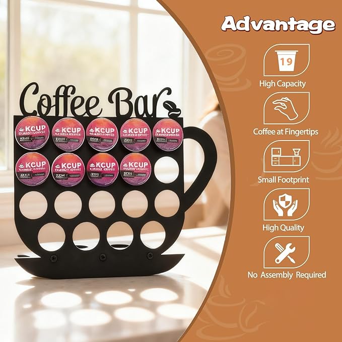 Metal K Cups Coffee Pod Holder, 19 Pods Holder Display,Coffee Bar Organizer for Home ,Kitchen,Office or Workspace, Black frosted Capsule Storage | Stylish Lettering Decor (Coffee Bar)