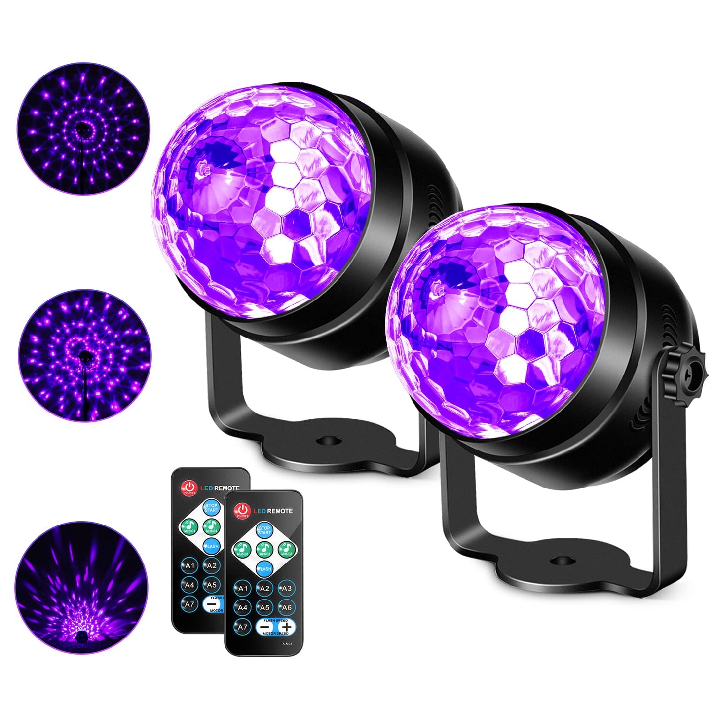 Litake 6W Uv Black Lights - Sound Activated Led Disco Ball Strobe Lights, 2 Pack, Remote Control For Parties, Halloween, Xmas, Black