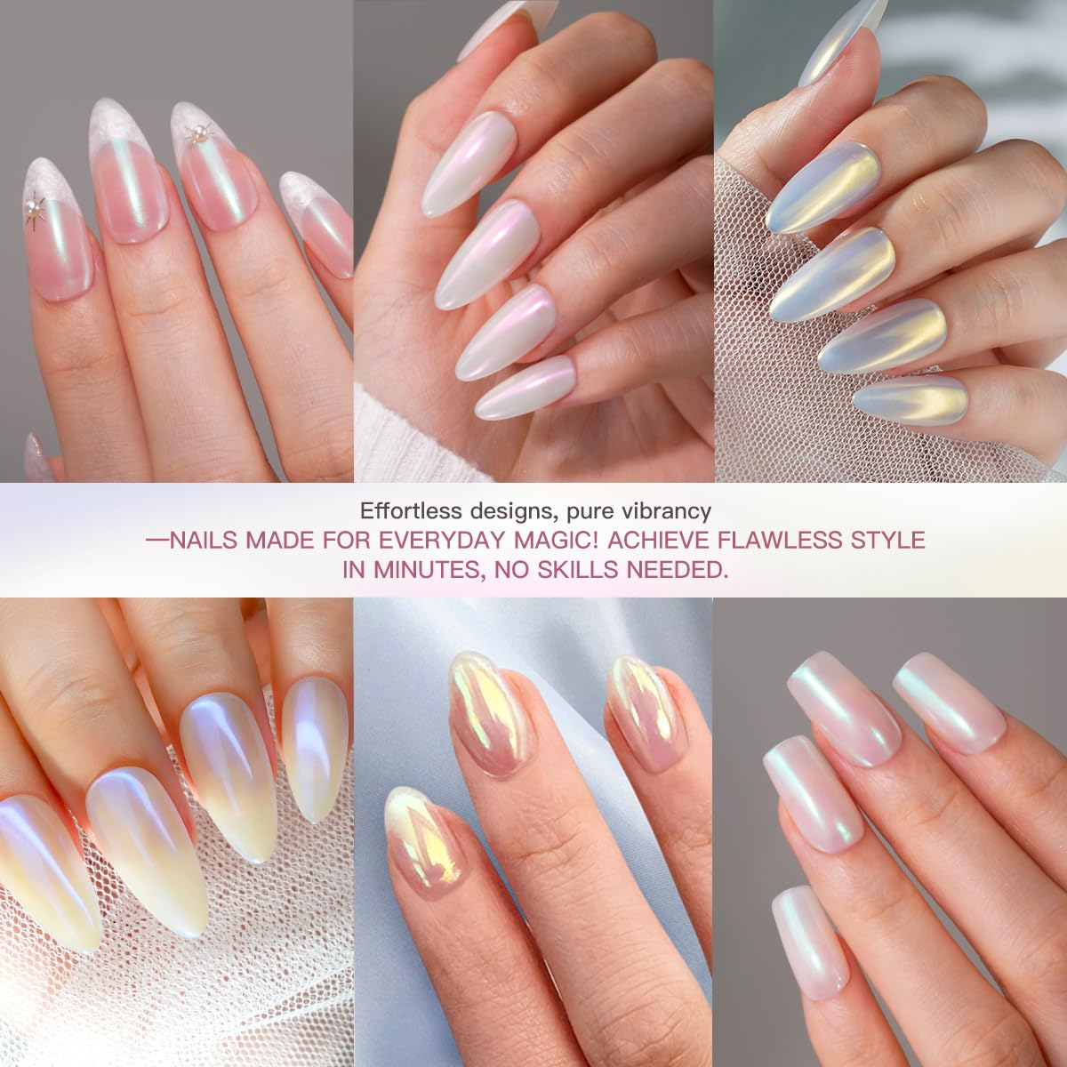 Pretty Diva 7 Colors Pearl Chrome Powder Set, Magic White Pearl Chrome Powder for Nails Aurora Iridescent Pearl Nail Chrome Powd