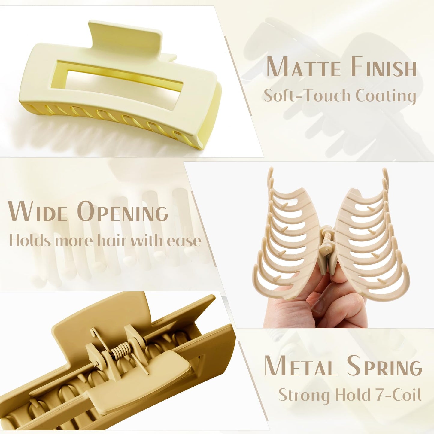 TOCESS Big Claw Clips for Women & Girls, 8 Pack 4.33 Inch Matte Jumbo Hair Claw Clips, Strong Hold Non-Slip Rectangle Hair Clamp